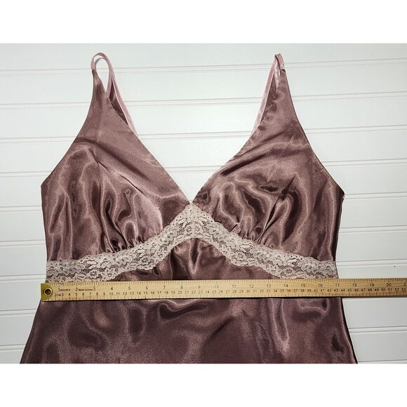 Sensara Satin Long Nightgown Brown  Lace Trim V Neck Plunge Womens Size L - Picture 5 of 9
